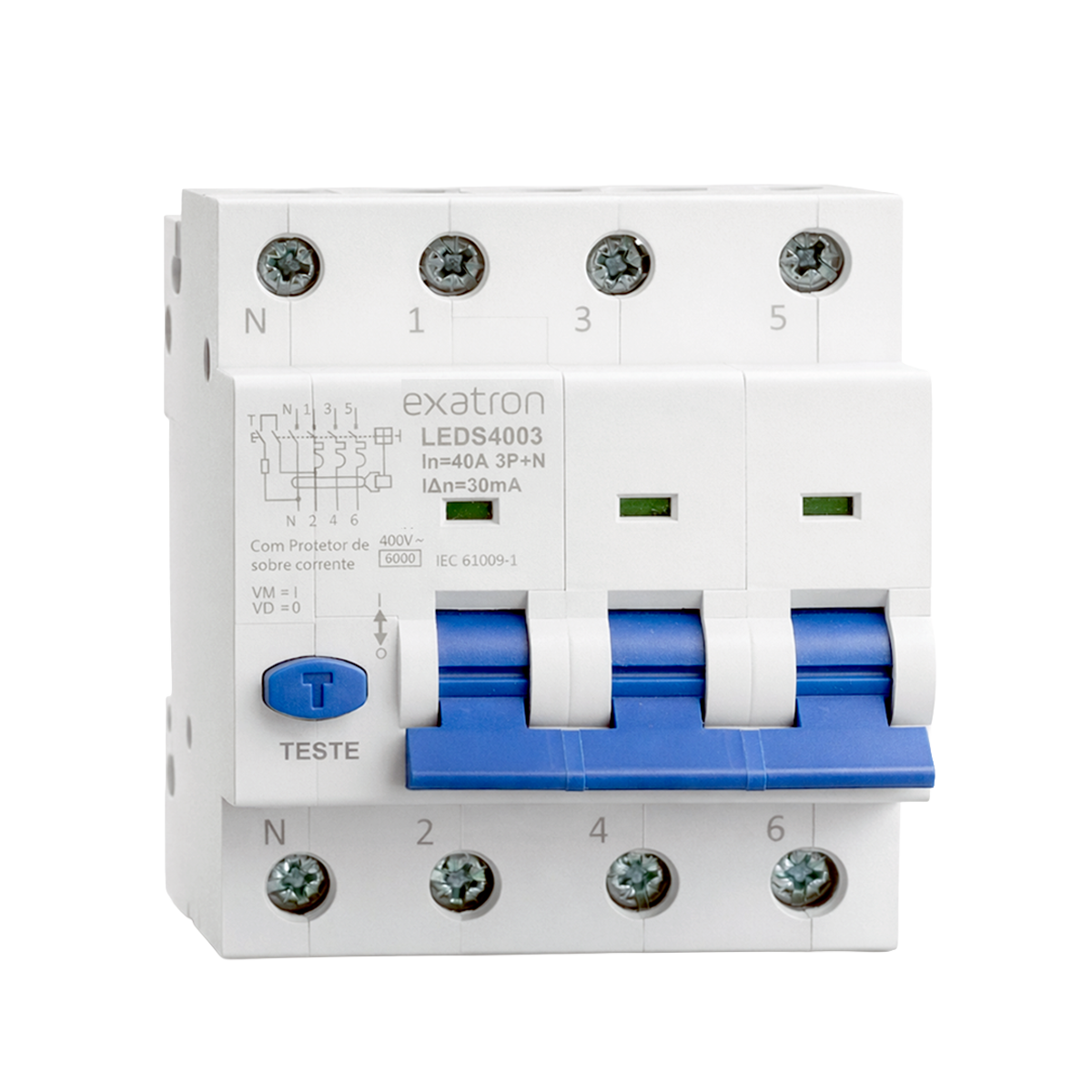 Frente - Dispositivo de proteção interruptor diferencial residual com protetor de sobre corrente 3P+N 40A/30mA